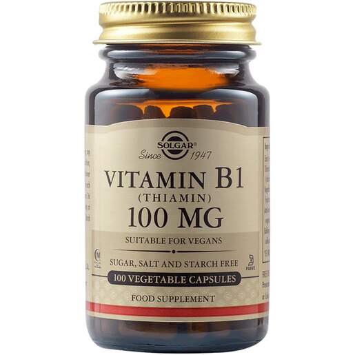 Supliment alimentar Vitamina B1 Tiamina 100 mg, 100 capsule vegetale, SOLGAR Supliment alimentar Vitamina B1 Tiamina 100 mg, 100 capsule vegetale, SOLGAR