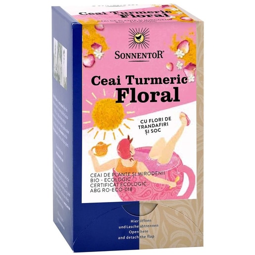 Ceai SONNENTOR Turmeric floral cu flori trandafir si soc, 18 plicuri Ceai SONNENTOR Turmeric floral cu flori trandafir si soc, 18 plicuri