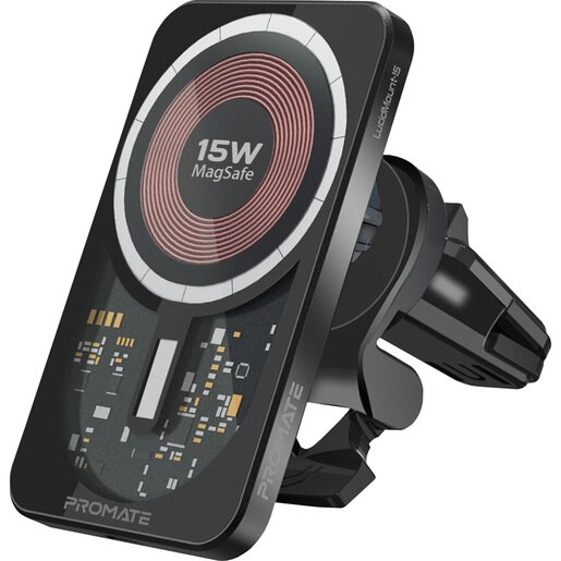 Suport auto cu incarcare wireless PROMATE LucidMount-15, ventilatie/bord, MagSafe 15W, negru Suport auto cu incarcare wireless PROMATE LucidMount-15, ventilatie/bord, MagSafe 15W, negru