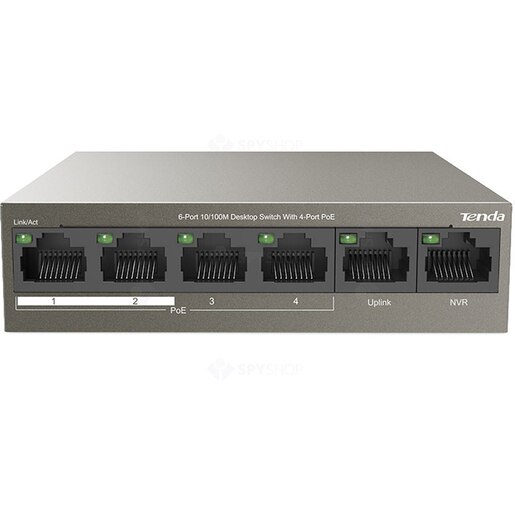 Switch TENDA TEF1106P-4-63W, 6 porturi Fast Ethernet, 4 x PoE, 2 x Uplink, argintiu Switch TENDA TEF1106P-4-63W, 6 porturi Fast Ethernet, 4 x PoE, 2 x Uplink, argintiu