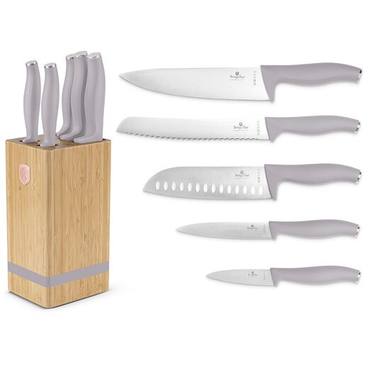 Set cutite BERLINGER HAUS BH/2974 + suport bambus, 5 piese, otel, 9-20cm, gri Set cutite BERLINGER HAUS BH/2974 + suport bambus, 5 piese, otel, 9-20cm, gri