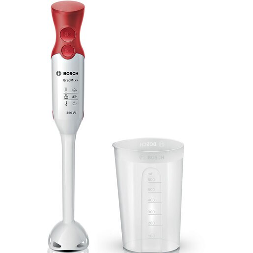 Mixer vertical BOSCH ErgoMixx MSM64010, 0.6l, 450W, 1 treapta viteza, alb-rosu Mixer vertical BOSCH ErgoMixx MSM64010, 0.6l, 450W, 1 treapta viteza, alb-rosu