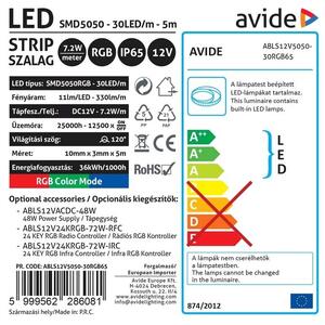 Banda LED Avide, RGB, 36W, 330lm, 5m Banda LED Avide, RGB, 36W, 330lm, 5m